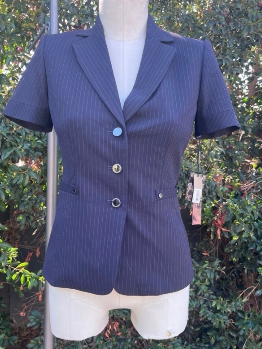 NWT Tahari Arthur S. Levine Navy Pinstripe Short Sleeve Blazer Jacket Size 2